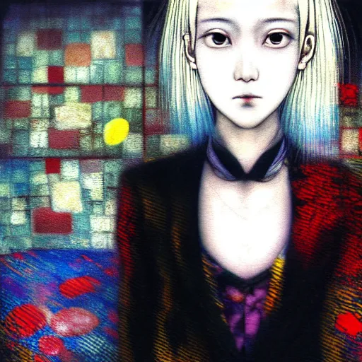 Image similar to yoshitaka amano blurred and dreamy realistic three quarter angle portrait of a young woman with white hair and black eyes wearing dress suit with tie, junji ito abstract patterns in the background, satoshi kon anime, chungking express color palette, noisy film grain effect, highly detailed, renaissance oil painting, weird portrait angle, blurred lost edges