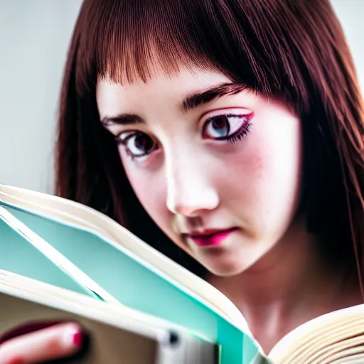 Image similar to a girl reading a book, modelsociety, radiant skin, huge anime eyes, RTX on, perfect face, intricate, Sony a7R IV, symmetric balance, polarizing filter, Photolab, Lightroom, 4K, Dolby Vision, Photography Award