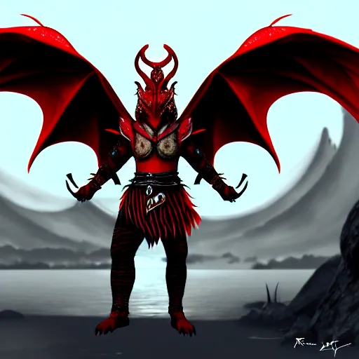 Prompt: a dragonborn with wings and a tail, red scales, wearing viking clothes, digital art, fantasy art