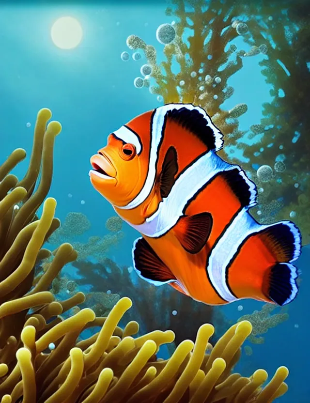 Image similar to a bipedal clownfish that is wearing full iron plate armor, and holding a colossal sword, over his shoulder, as a matte oil painting and d & d character art, standing, fullbody, bubbles, anemone, tall kelp, award - winning, extremely detailed, sharp focus