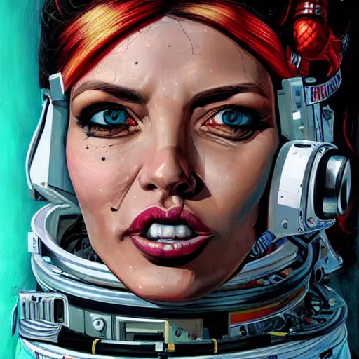 Image similar to high quality high detail painting by josan gonzalez and brian viveros, hd, exaggerated portrait of female astronaut,