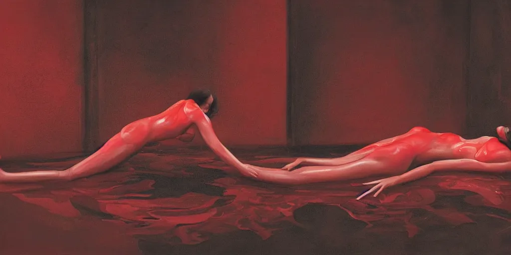 Image similar to Emily Ratajkowski full body laying in a blood red pool of water between a golden mirror frame, outside is space and inside the mirror frame is a beautiful landscape. physically accurate, dynamic lighting, intricate, elegant, highly detailed, digital painting, artstation, HR GIGER, Hieronymus Bosch, Francis Bacon, concept art, smooth, sharp focus, illustration, Hyperrealistic surreal 4K IMAX Rene Margritte intricate, elegant, highly detailed, digital painting, artstation, concept art, smooth, sharp focus, illustration, art by artgerm and greg rutkowski and alphonse mucha