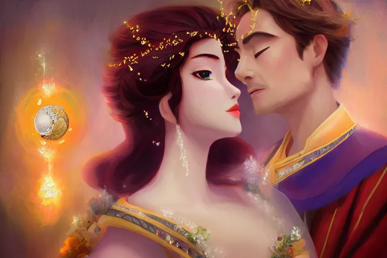 Prompt: a cinematic portrait of wedding photograph jpeg close up moment of a divine a japan sun god and moon goddess lovers magician at a wedding banquet. portraiture. digital painting. artstation. concept art. wedding photo. digital painting. frozen ii art masterpiece by art by krenz cushart