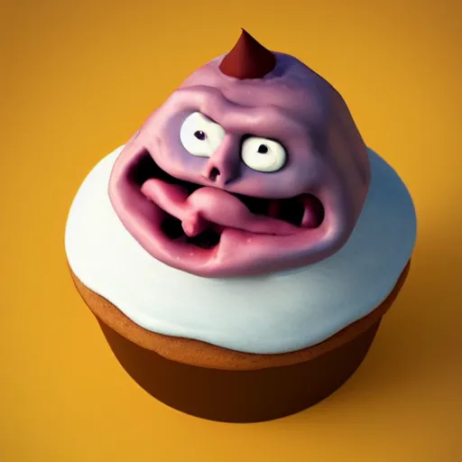 Prompt: ice cream cupcake shaped like screaming chucky doll, octane render, centered, highly detailed