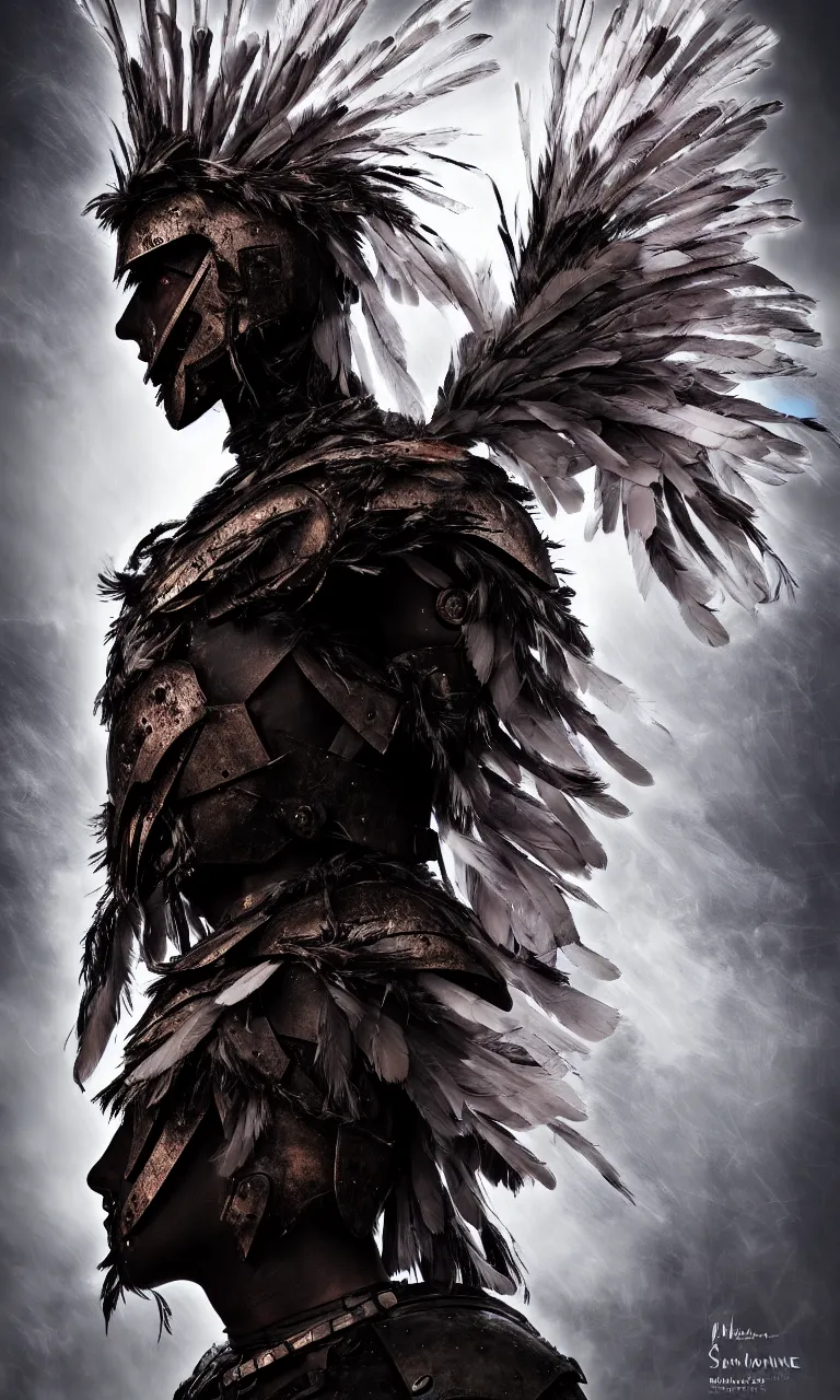 Image similar to an astonishing warrior wearing an armor made of feathers, strange energy emitting through body, scars on face, volumetric lighting, scary eyes, digital art,
