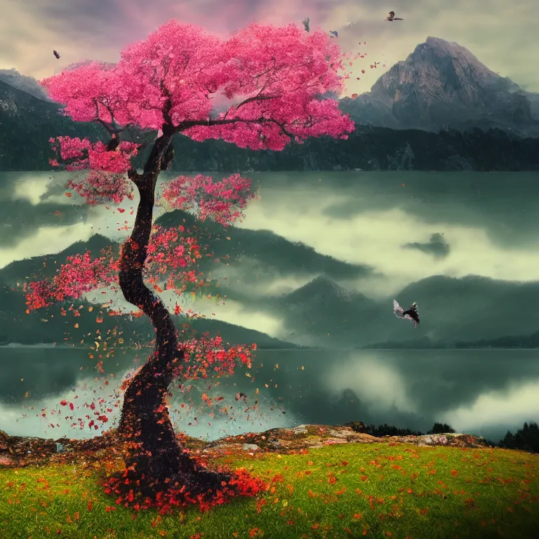 Prompt: a beautiful awesome artistic tree with falling flowers like leaves and many birds, around tree babies running, all in the amazing outdoors view, mountain in the background, lake, long exposure, 8 k resolution, trending on artstation