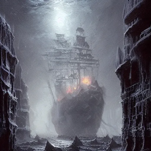 Image similar to ghost ship in hell, cold, icey white lightning, big frozen monstrocity Cthulhu in the background, hyperdetailed, artstation, cgsociety, by greg rutkowski, by Gustave Dore