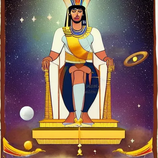 Image similar to handsome egyptian prince sitting on a floating throne, guided by thoth, in outer space, galaxies