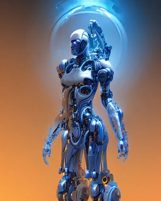 Image similar to benevolent cyborg necromancer, scifi, futuristic, helpful, kind, intelligent, alien room background, white, blue, gold, highly detailed, trending on artstation, soft light, holy machine, advanced technology, art by vitaly bulgarov and nivanh chanthara