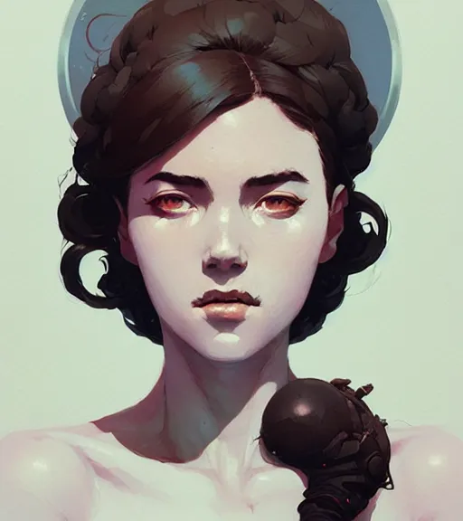 Image similar to portrait of moon queen by atey ghailan, by greg rutkowski, by greg tocchini, by james gilleard, by joe fenton, by kaethe butcher, dynamic lighting, gradient light blue, brown, blonde cream and white color scheme, grunge aesthetic