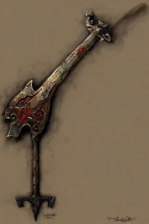 Image similar to a concept art of a great medieval axe with intricate design, concept art in style of Greg Rutkowski, painted by Frank Frazetta, John Singer Sargant