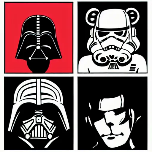 Image similar to 4 panels with outline of star wars characters by jamie hewlett