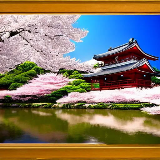 Image similar to landscape japanese house, japanese temple, cherry blossom samurai scene jurgens digital art, golden ratio, art canvas, award winning, masterpiece artstation 8 k 1 5 0 mpx