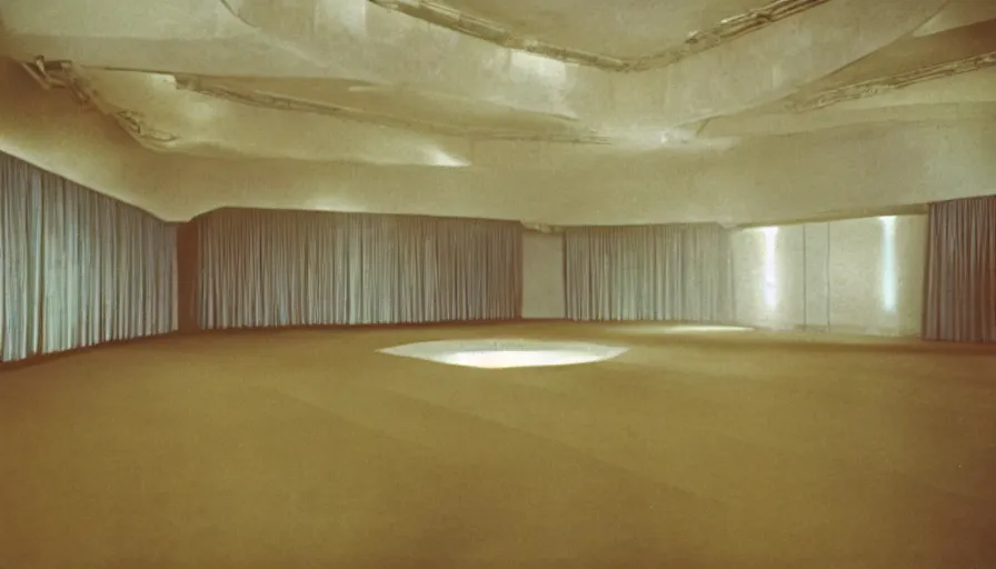 Image similar to 70s movie still of a man with elongated arms in an empty soviet ballroom, eastmancolor, heavy grain, high quality, higly detailed, liminal space