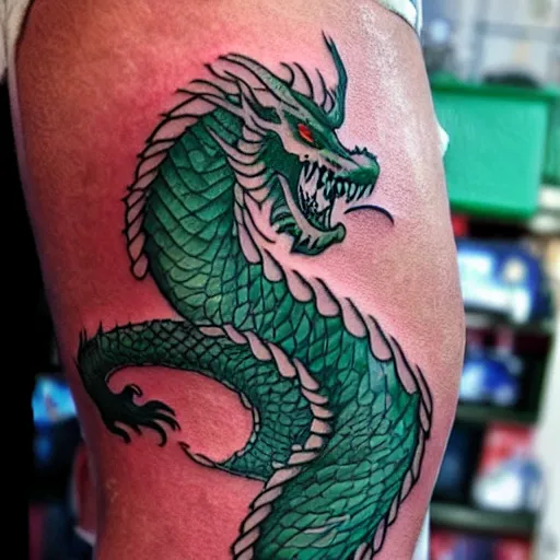 Prompt: forearm tattoo of a spiraling dragon with a green emerald in its mouth, dark and vibrant forearm tattoo