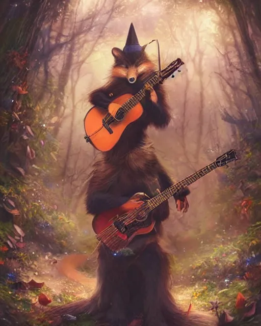 Image similar to Fox playing Guitar in magical forest, portrait, wearing hat, magical notes, fairy atmosphere, magic the gathering artwork, D&D, fantasy, cinematic lighting, centered, symmetrical, highly detailed, digital painting, artstation, concept art, smooth, sharp focus, illustration, volumetric lighting, epic Composition, 8k, art by Akihiko Yoshida and Greg Rutkowski and Craig Mullins, oil painting, cgsociety