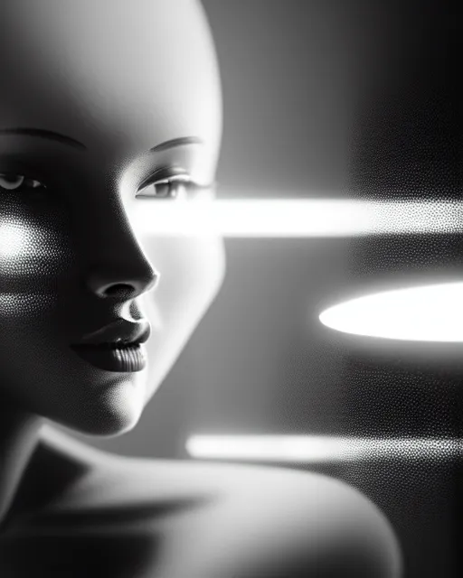 Prompt: black and white high quality photo of a beautiful futuristic female human-cyborg looking into a sci-fi mirror, volumetric lighting, liminal space, brutalism, foggy, dreamy, hyperdetailed, bokeh, photorealistic, cinematic, masterpiece, Metropolis, elegant, dark, octane render, 8K, in the style of Dora Maar