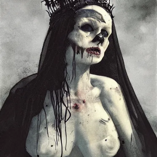 Prompt: close up portrait of a scandinavian rotting corpse zombie female with a veil and crown, satanic kvlt by peder balke by peder balke by greg rutkowski, by guido crepax by norman bluhm mystic high contrast monochromatic noir angst pagan magic symbols