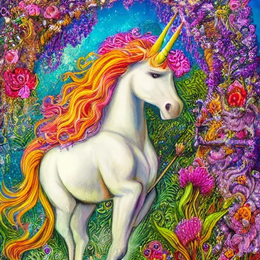Image similar to beautiful unicorn with long flowing mane standing in field of flowers, detailed painting in the style of josephine wall 4 k