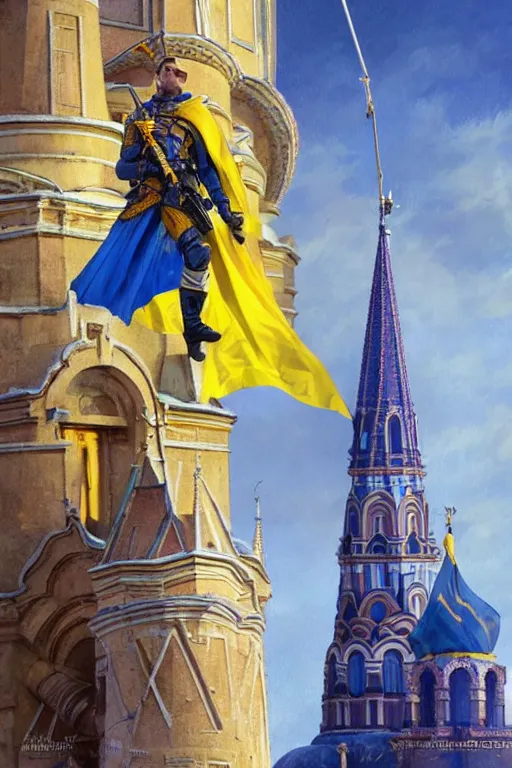 Image similar to special forces soldier raising ukrainian blue and yellow flag on st. basil cathedral, masculine figure, d & d, fantasy, bright atmosphere, volumetric lights, intricate, elegant, extremely detailed, digital painting, artstation, concept art, matte, smooth, sharp focus, hyper realistic, illustration, art by artgerm and greg rutkowski and alphonse mucha