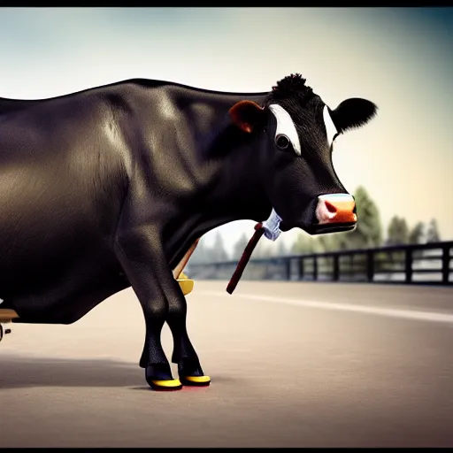 Image similar to cow riding a skateboard, 4k, photorealistic