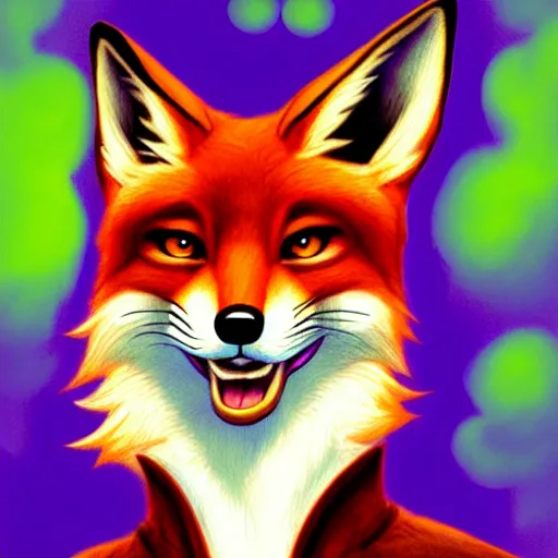 Prompt: don bluth, artgerm, artstation, clockpunk anthropomorphic fox girl, purple vest, smiling, symmetrical eyes symmetrical face, bright colorful forest background