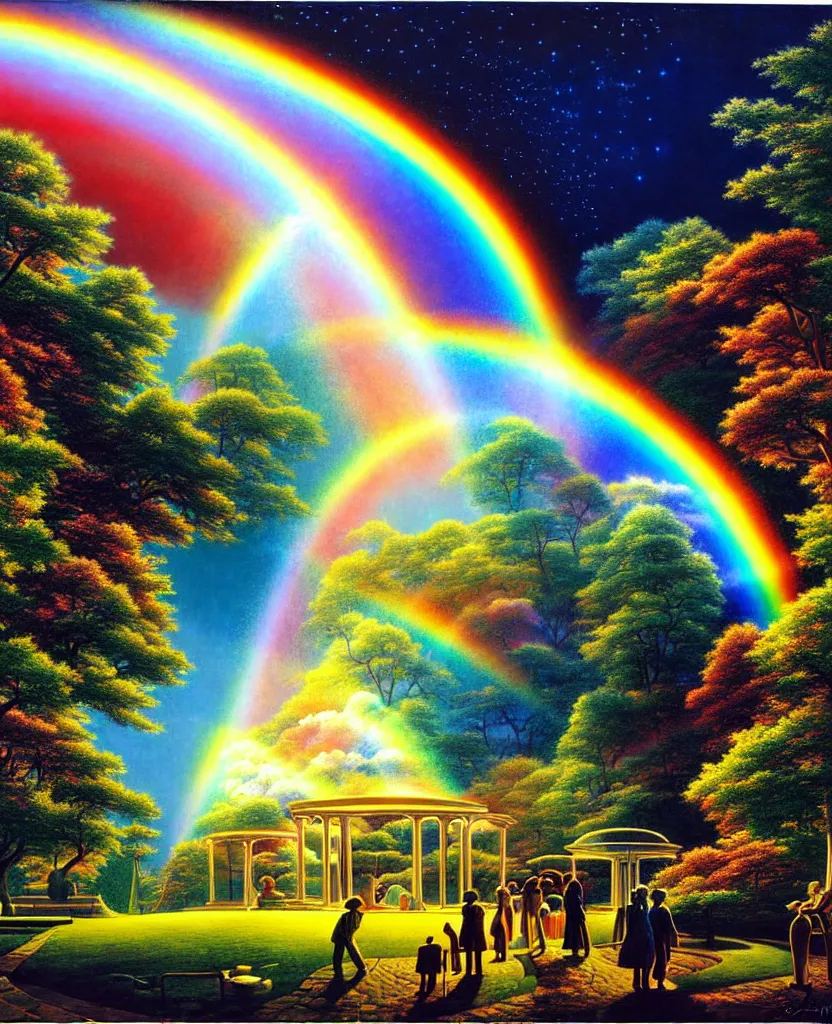 Image similar to a beautiful future for humanity, spiritual evolution, science, divinity, utopian, heaven on earth, gardens, gazebos of light, rainbows, by david a. hardy, wpa, public works mural, socialist