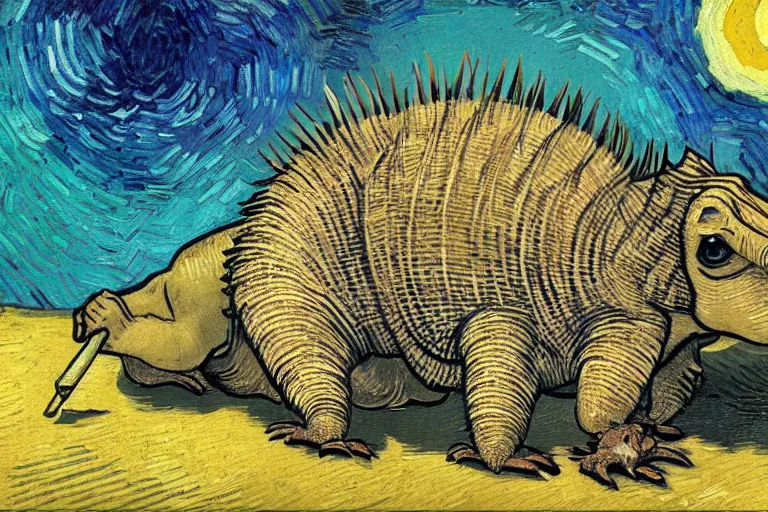 Image similar to an armadillo smoking a joint by vincent van gogh, digital art,