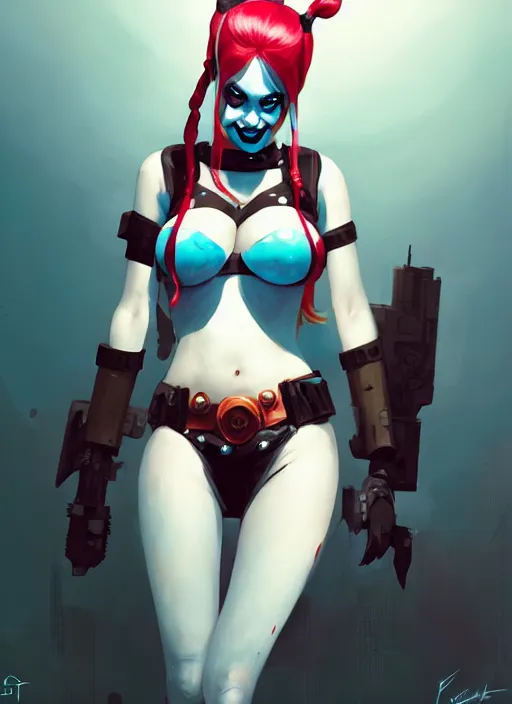 Image similar to portrait of cute harley quinn in cyber bikini armor, warhammer, cyberpunk, by atey ghailan, by greg rutkowski, by greg tocchini, by james gilleard, by joe fenton, by kaethe butcher, by gustav klimt, dynamic lighting, gradient light blue, brown, blonde cream and white color in scheme, grunge aesthetic