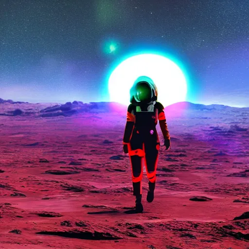 Image similar to A wide angle shot from below of a female astronaut with a feminine body walking with swagger towards camera on mars in an infinite universe , synthwave digital art