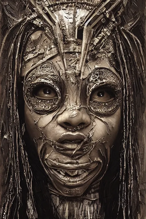 Image similar to portrait, headshot, digital painting, an beautiful techno - shaman lady in carved metal mask, realistic, hyperdetailed, chiaroscuro, concept art, art by john berkey