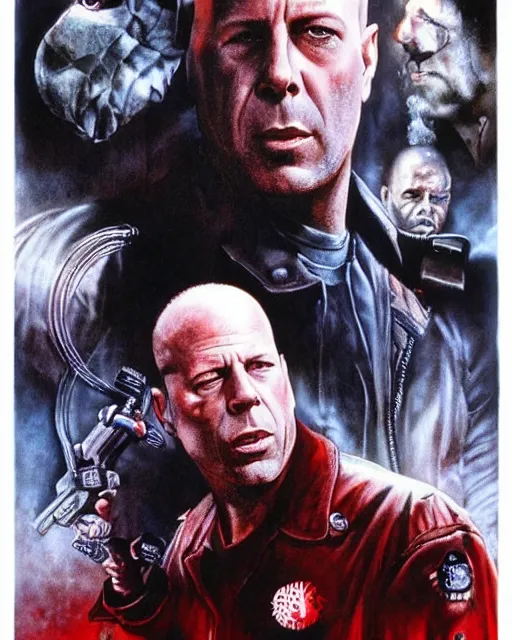 Image similar to bruce willis in 1 2 monkeys, airbrush, drew struzan illustration art, key art, movie poster