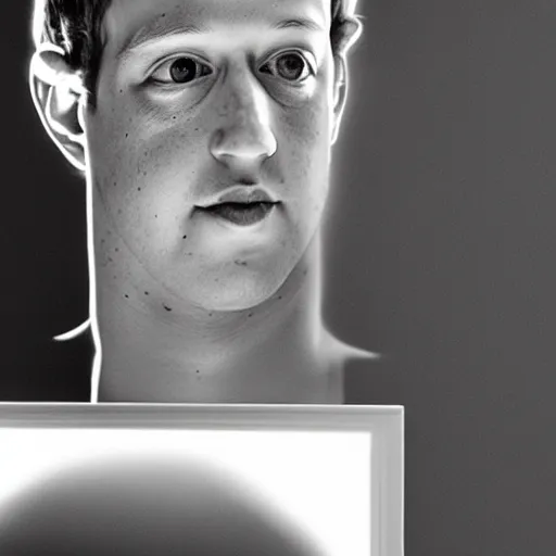 Image similar to “stunning serene photo of Mark Zuckerberg looking into a mirror and his reflection is a reptilian, oil on canvas, masterpiece, realism, piercing gaze”