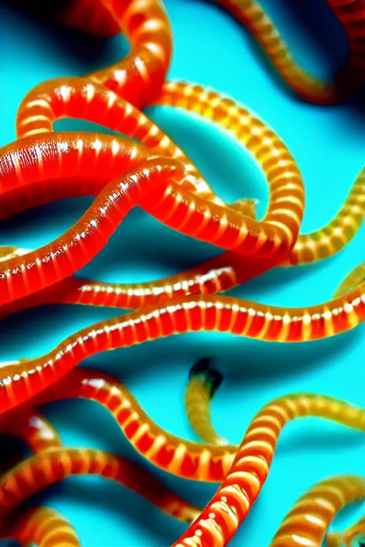 Image similar to high quality close-up photo translucent biomechanic worms! gorgeous orange dots highly detailed hannah yata elson peter cinematic turquoise lighting high quality low angle hd 8k sharp shallow depth of field