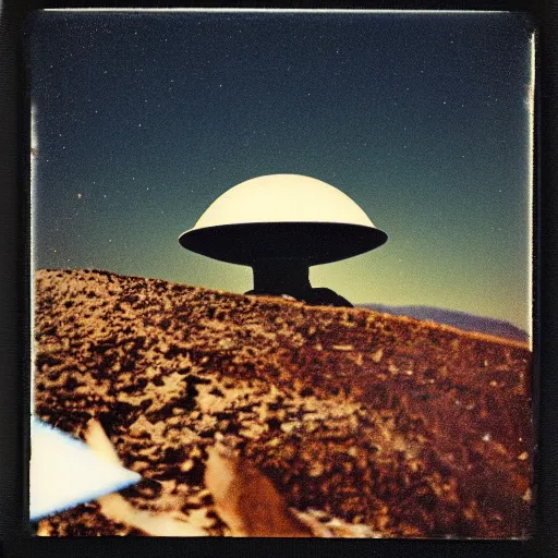 Prompt: a ufo flying over a mountain at night, distant!!, historical photo, old polaroid, expired film,