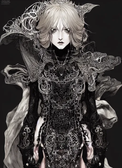 Image similar to beautiful human witch with blonde short curtly hair in intricate ornate witch robe, haughty evil look, witch hat. in style of yoji shinkawa and hyung - tae kim, trending on artstation, dark fantasy, great composition, concept art, highly detailed, dynamic pose.