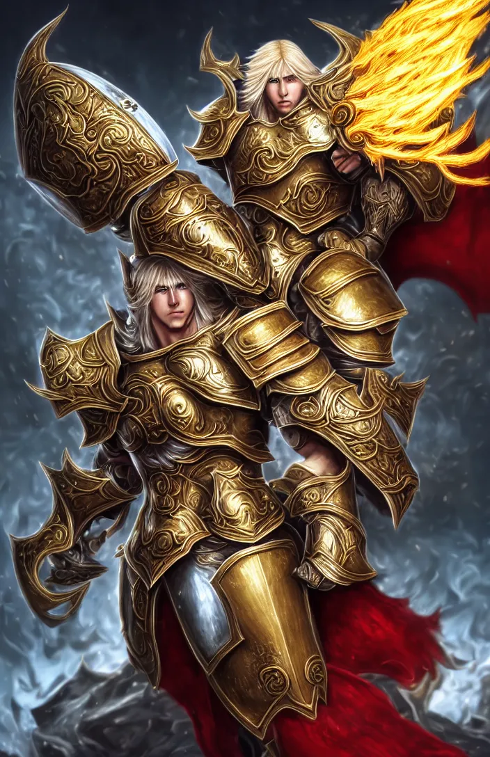 Prompt: the latest blond male beefcake by Sakimichan, porcelain white skin, imperial centurion in black plate armor and red tabard decorated with thin golden filigree, voluptuous male, long curly light blond hair, long fluffy blond curly hair, wreathed in scintillating radiance flames of war, league of legends splash screen, hyper detailed background, 4K, artstation
