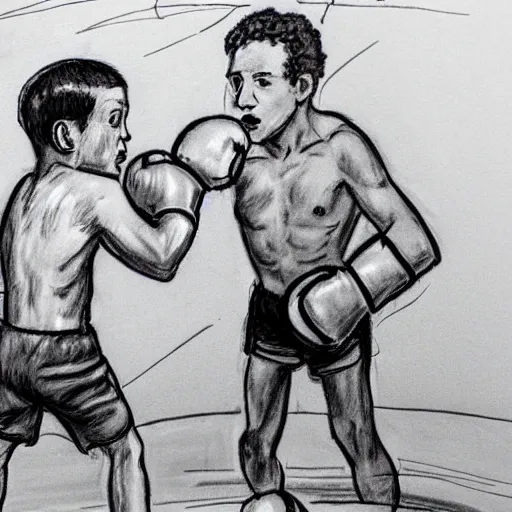 Prompt: some young child's 'zuckerberg in a boxing match' on kitchen table, crude crayon scribbles
