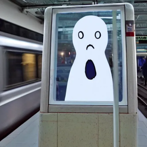 Image similar to a scary looking but very friendly transparent ghost at a train station in the style of a ghibli movie