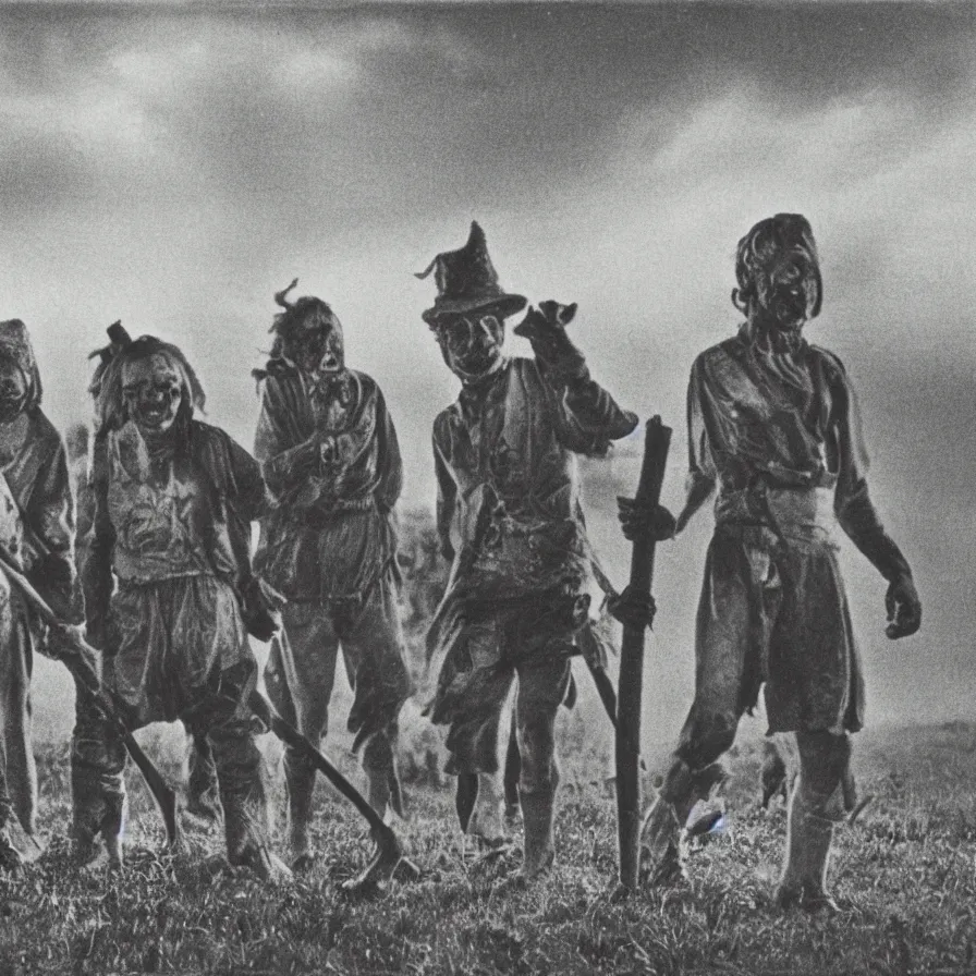 Image similar to circa 1 9 7 0 s restored 1 3 mm film photograph of a group of clowns in a field holding machetes at night, liminal, dark, thunderstorm, dark, flash on, blurry, ominous lighting