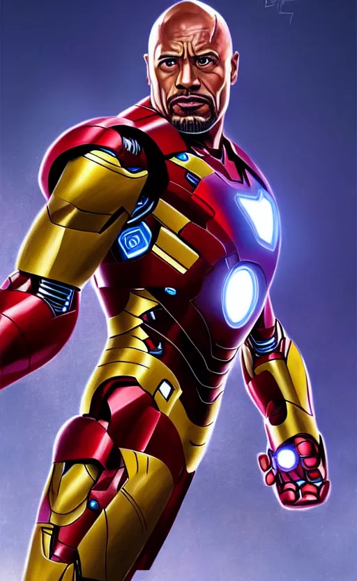 Image similar to portrait of the rock as iron man from the avengers infinity war, character concept art, hyperrealistic, detailed, accurate illustration, dramatic lighting, action pose