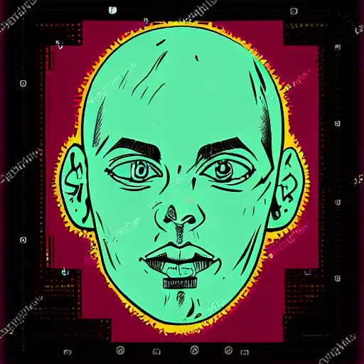 Prompt: a face with a tatoo of semi colon in retro colors, synthwave style, 2 d digital vector art