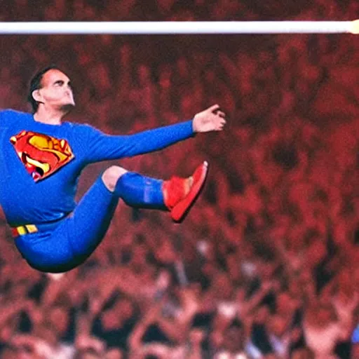 Prompt: jose mourinho flying in the sky as superman shooting lasers, award winning photograph