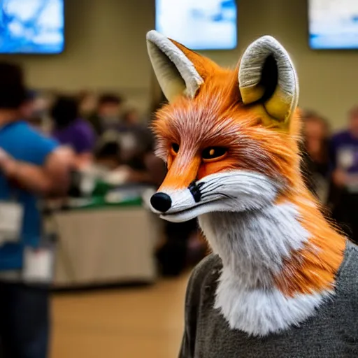 Image similar to portrait of a realistic fox fursuiter at a furry convention, indoors, realisitc photo