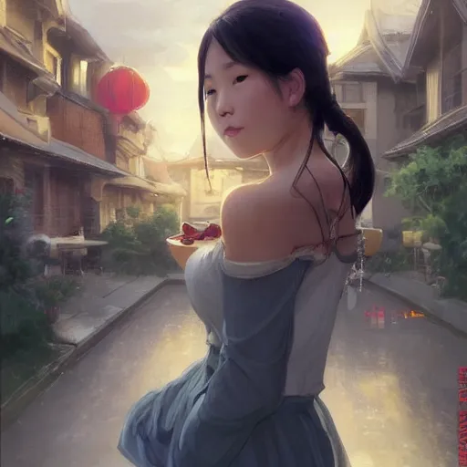Image similar to a dinner date with the cute Asian girl next door, slice of life, modern, realistic, looking at the camera, happy! casual!! medium shot. highly detailed, digital painting, artstation, concept art, matte, sharp focus, illustration, art by Artgerm and Greg Rutkowski and Alphonse Mucha
