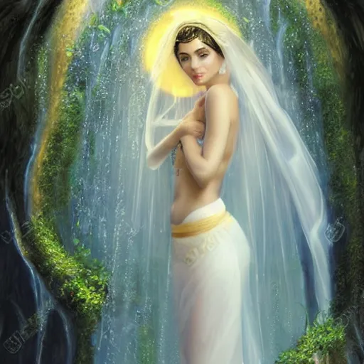 Image similar to beautiful Arab woman, white transparent veil black hair, showering in a waterfall, swimming, ethereal, emotive, fine art, water mist, mystical, Romanticism, natural light, cinematic lighting, ultra detailed, highly detailed, sharp focus, golden background with flowers, golden jewelry with blue sapphires, photographic, art by artgerm and greg rutkowski and zdislav beksinski