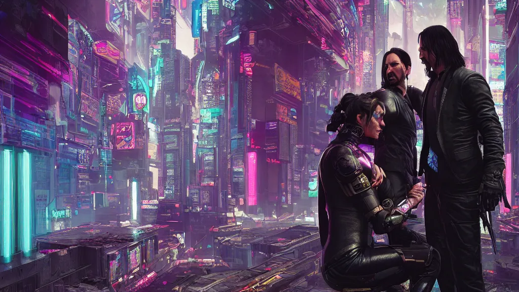 Prompt: a cyberpunk 2077 srcreenshot couple portrait of Keanu Reeves and a female android final kissed in night city,love,romantic,film lighting,by Lawrence Alma-Tadema,Andrei Riabovitchev,Laurie Greasley,Dan Mumford,John Wick,Speed,Replicas,artstation,deviantart,FAN ART,full of color,intricate,concept art,smooth,elegant,Digital painting,illustration,sharp focus,face enhance,highly detailed,8K,octane,golden ratio,cinematic lighting