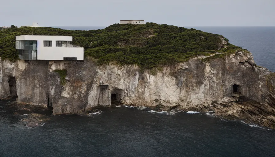 Image similar to brutalist base perched on a cliff overlooking a magnificient bay, brutalism architecture on cliffs, drawing architecture, pritzker architecture prize, cliffs crashing into the water below, cliffside, greig fraser