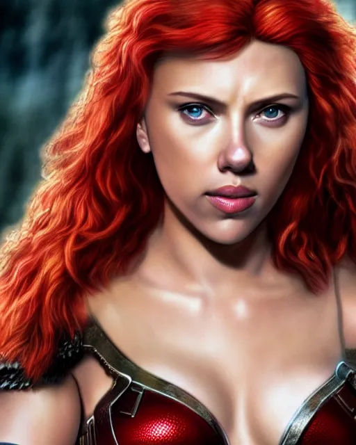 Prompt: scarlett johansson portraying a beautiful red sonja, beautiful scarlett johansson red sonja, movie, hyper realistic, hollywood promotional image, imax, 8 k