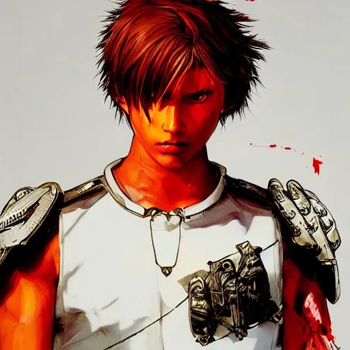 Prompt: portrait of a young white hero using his right arm to hold his sword covering his eye by yoji shinkawa, high quality, extra details, realism, ornate, colored, golden chain, blood, white skin, short hair, brown eyes, vivid, sunlight, red headband, black eyepatch, white american soldier, painting, cybernetics, military